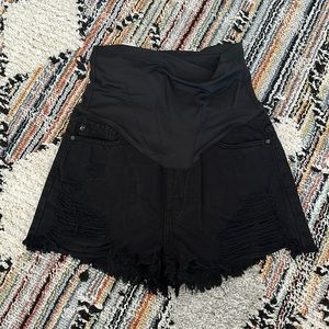 Pink blush black denim maternity shorts